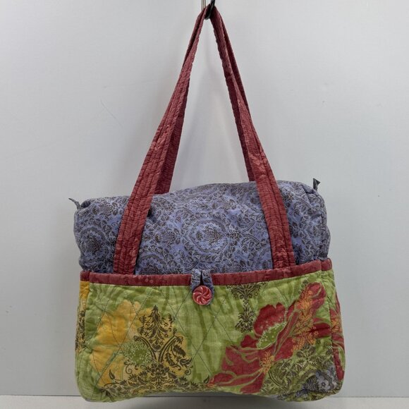 Handcrafted Multi-Color Quilted Fabric Tote Bag Zipper Closure Button Pockets - Picture 2 of 16